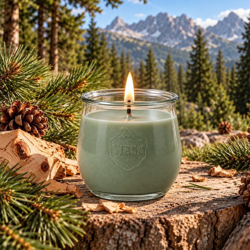 Zirbe Duftkerze aus Kokoswachs im originalen WECK-Glas von CandleDeko, grüngrau und brennend zwischen Zirbenzweigen vor alpiner Berglandschaft.