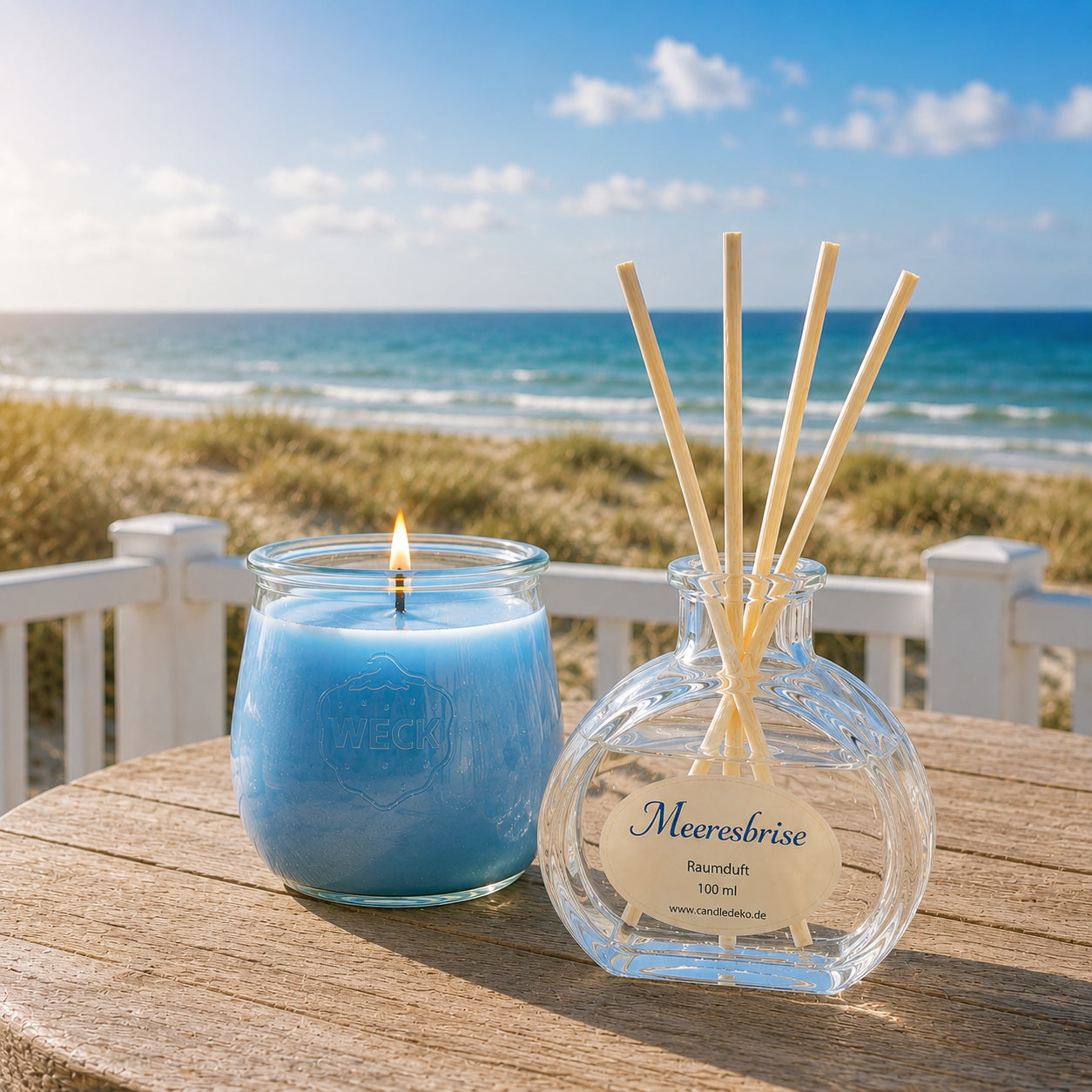 Veganes CandleDeko Geschenkset bestehend aus einer handgefertigten Pflanzenwachs-Duftkerze und passendem Raumduft mit Duftstäbchen – Sorte Meeresbrise.
