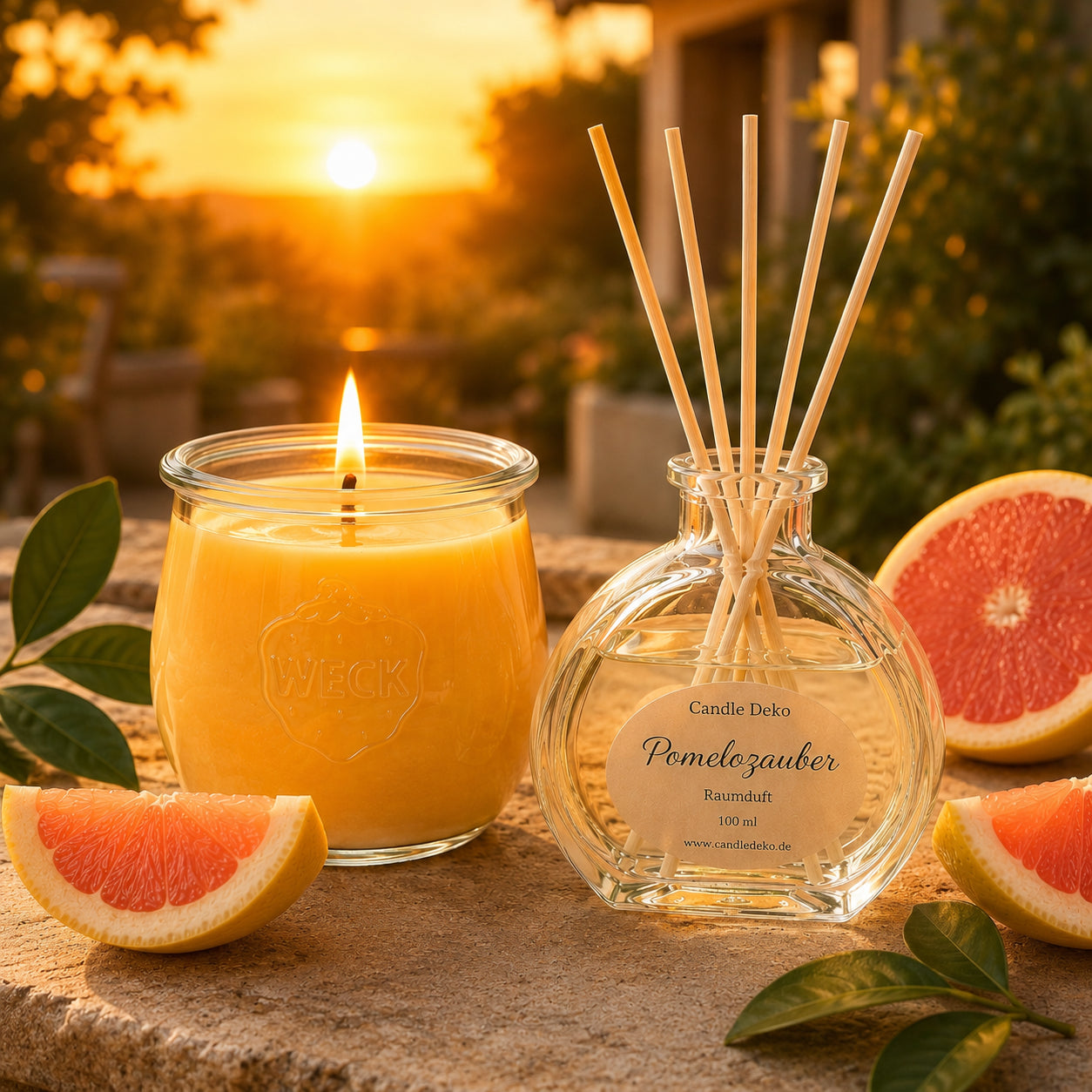 CandleDeko Duftkerzen & Raumduft Set Pomelozauber mit brennender Pflanzenwachs-Duftkerze im WECK-Glas und Raumduft im Herzglas auf einer Natursteinplatte zwischen Pomelo und Grapefruit im Garten.