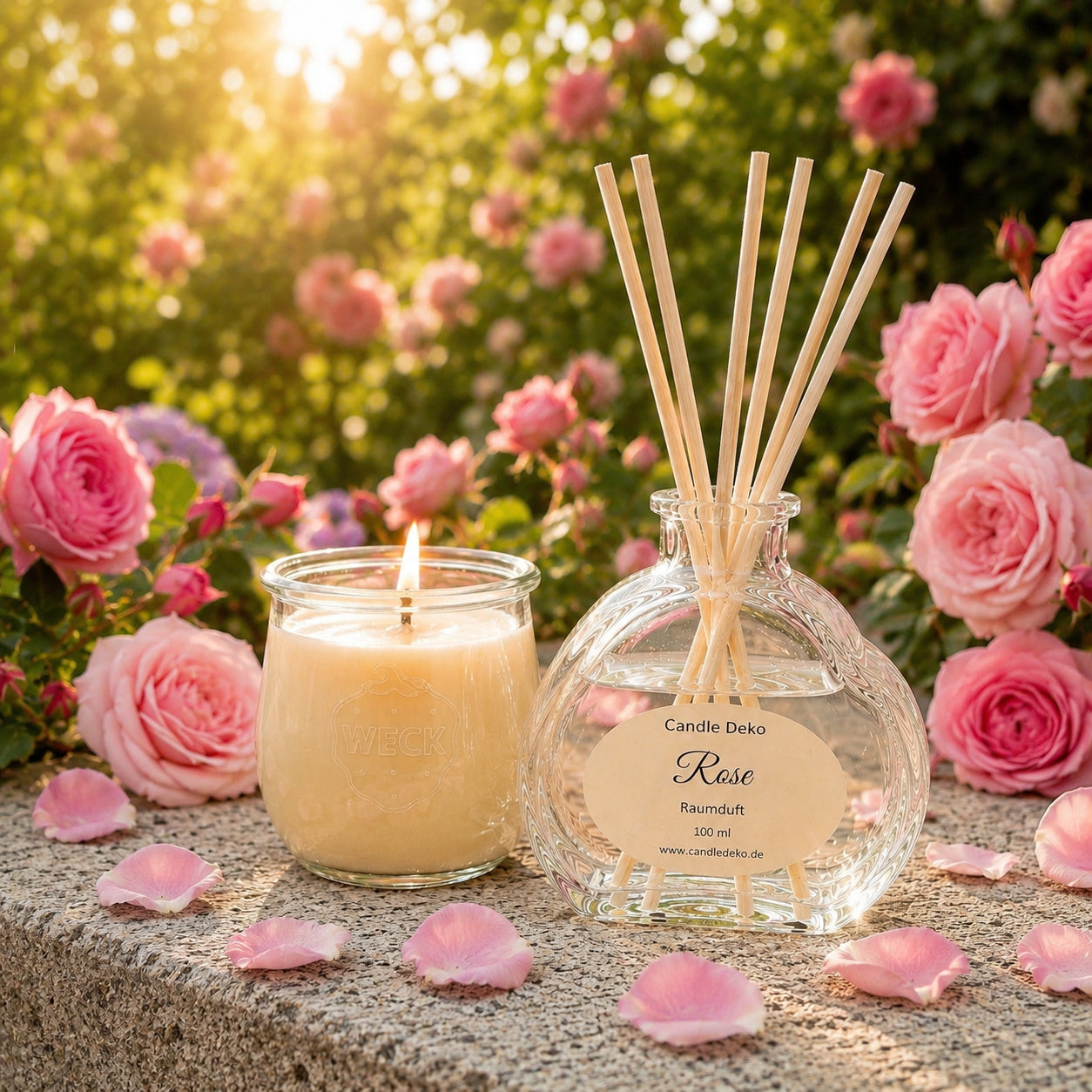 Veganes CandleDeko bestehend aus einer handgefertigten Pflanzenwachs-Duftkerze und passendem Raumduft mit Duftstäbchen – Sorte Rose.CandleDeko Rose Duftduo mit brennender Kerze und Raumduft im sonnendurchfluteten, lila-rosa Rosengarten.