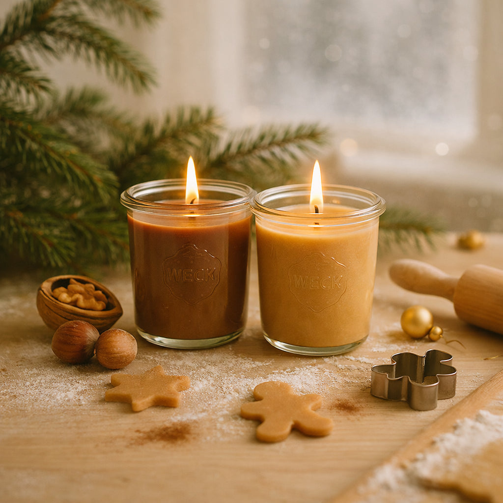 Zwei große brennende CandleDeko Duftkerzen aus pflanzlichem Kokoswachs im WECK-Glas als Set Adventszeit mit Lebkuchen und Nussknacker beim Plätzchenbacken.