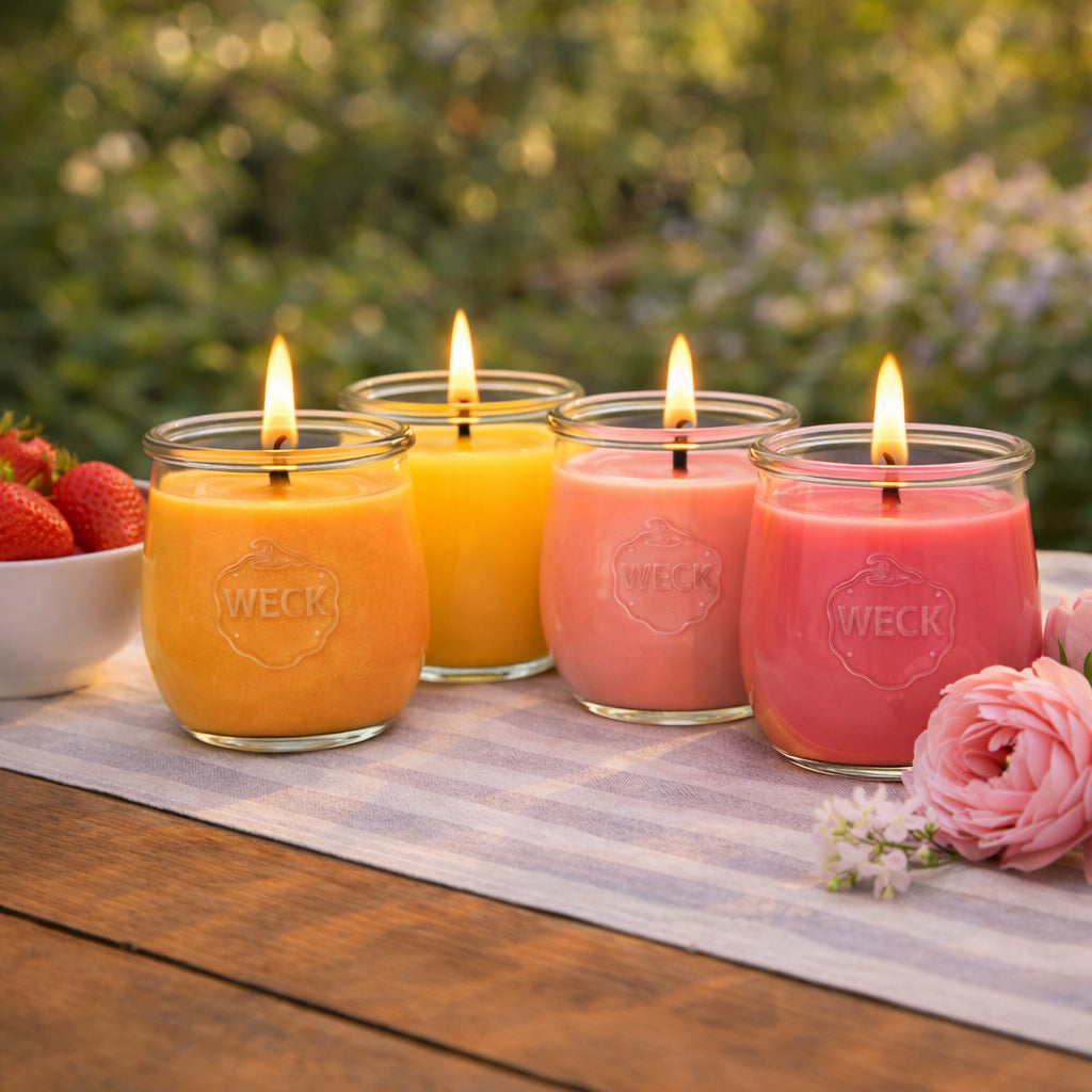 Großes CandleDeko Duftkerzen-Set mit vier brennenden bunten Kerzen aus pflanzlichem Kokoswachs im WECK-Glas neben frischen Erdbeeren im Garten.