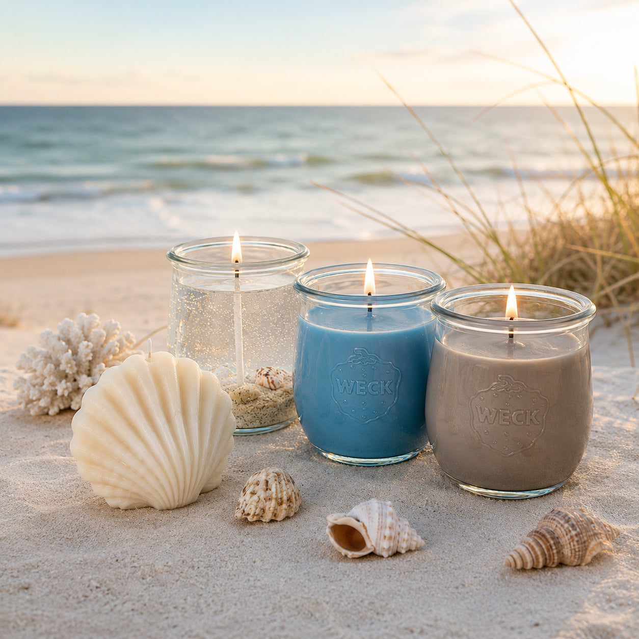 Großes CandleDeko Duftkerzen-Set Küstenzauber mit zwei brennenden Kerzen aus pflanzlichem Kokoswachs und einer transparenten Gelkerze mit Sand und Muscheln im WECK-Glas auf feinem Sandstrand.