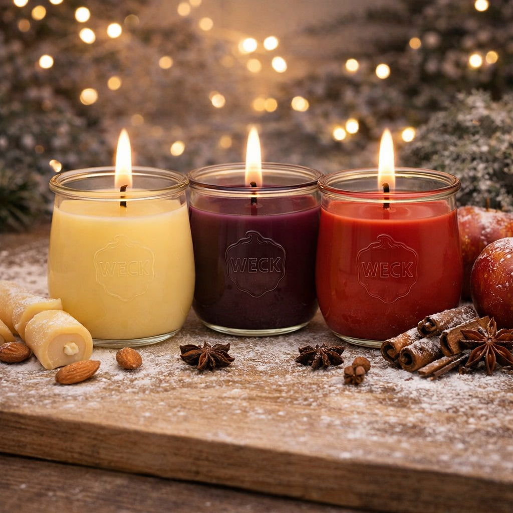 Drei brennende Duftkerzen in WECK-Gläsern aus pflanzlichem Kokoswachs auf einem winterlich dekorierten Holzbrett mit Marzipan, Zimtstangen, Anis, roten Äpfeln und Tannenzweigen – stimmungsvolles Bild für das Duftset „Wintergenuss“ von CandleDeko.