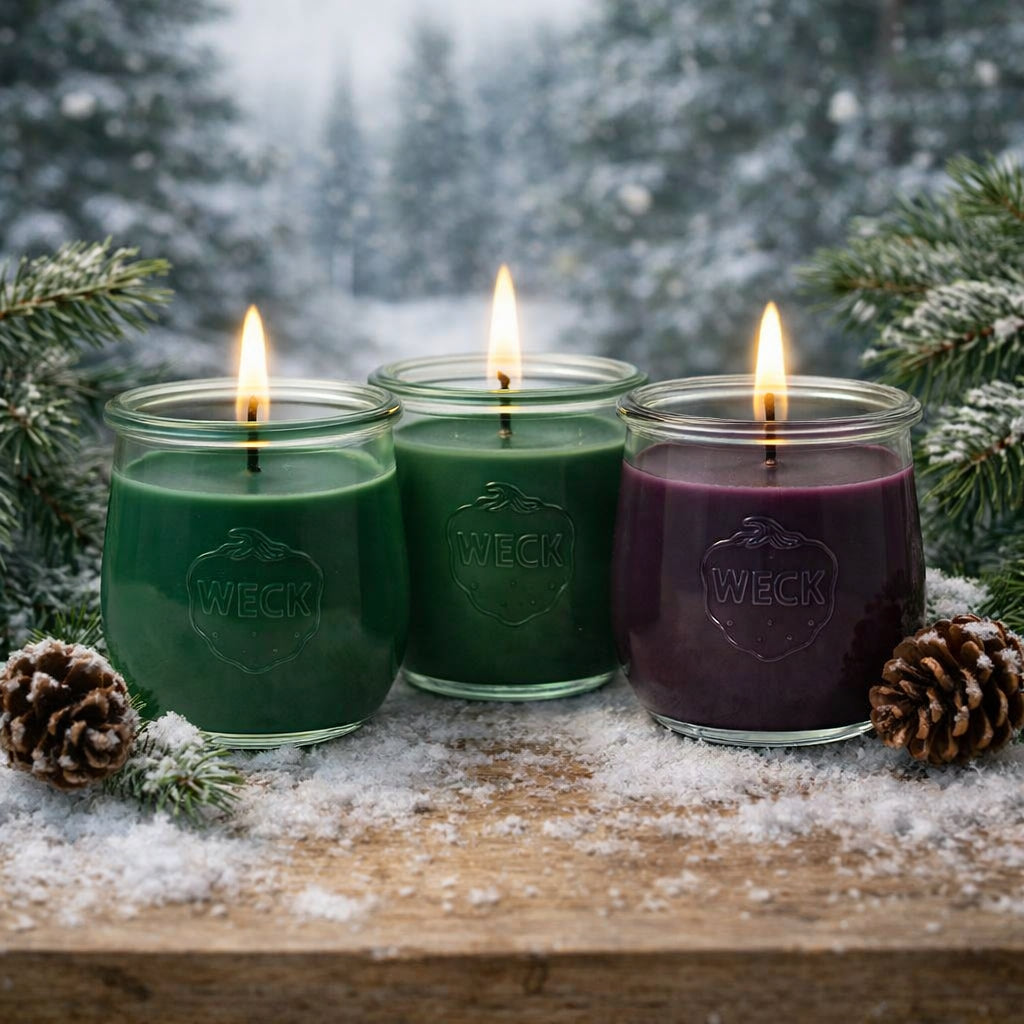 Drei brennende Duftkerzen im WECK-Glas aus pflanzlichem Kokoswachs auf schneebedecktem Holzbrett, umgeben von Tannenzweigen und Zapfen vor einem winterlichen Wald – stimmungsvolles Produktbild für das Duftset „Winterwald“.