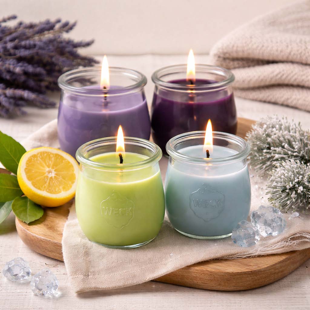 Vier brennende CandleDeko Duftkerzen aus pflanzlichem Kokoswachs im WECK-Glas als Set Zeit für mich auf einem Holzbrett neben Lavendel, Zitrone und Dekoeis.
