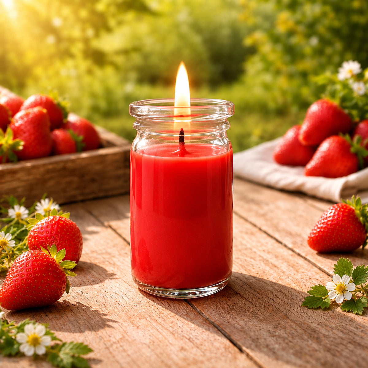 Erdbeer-Rhabarber kleine Duftkerze aus Kokoswachs im WECK-Tulpenglas von CandleDeko, neben frischen Erdbeeren.