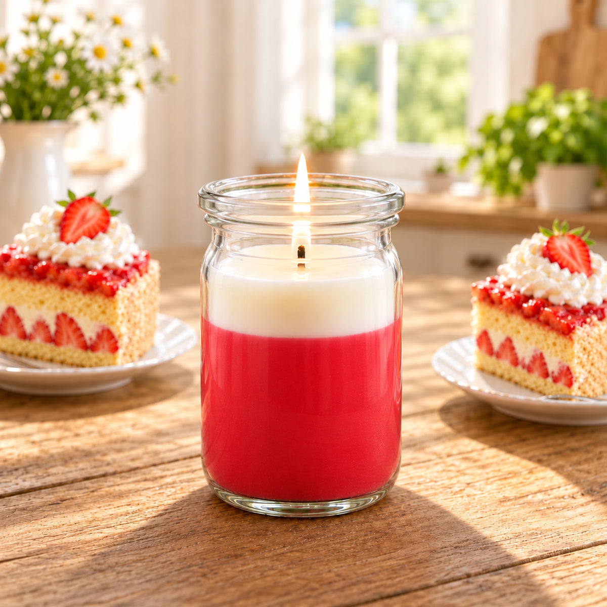 Erdbeerkuchen kleine Duftkerze aus Kokoswachs im WECK-Tulpenglas von CandleDeko, neben frischem Erdbeergebäck.