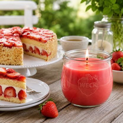Große Erdbeerkuchen Duftkerze aus Kokoswachs im WECK-Tulpenglas neben frischem Erdbeergebäck.