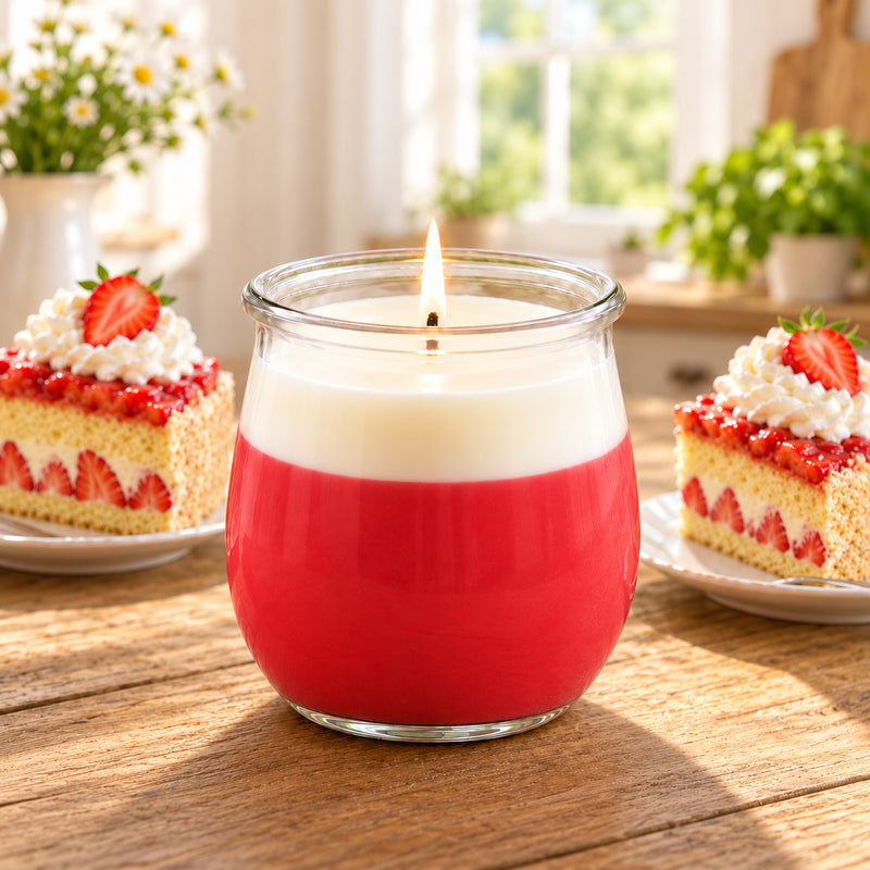 Erdbeerkuchen große Duftkerze aus Kokoswachs im WECK-Tulpenglas von CandleDeko, neben frischem Erdbeergebäck.