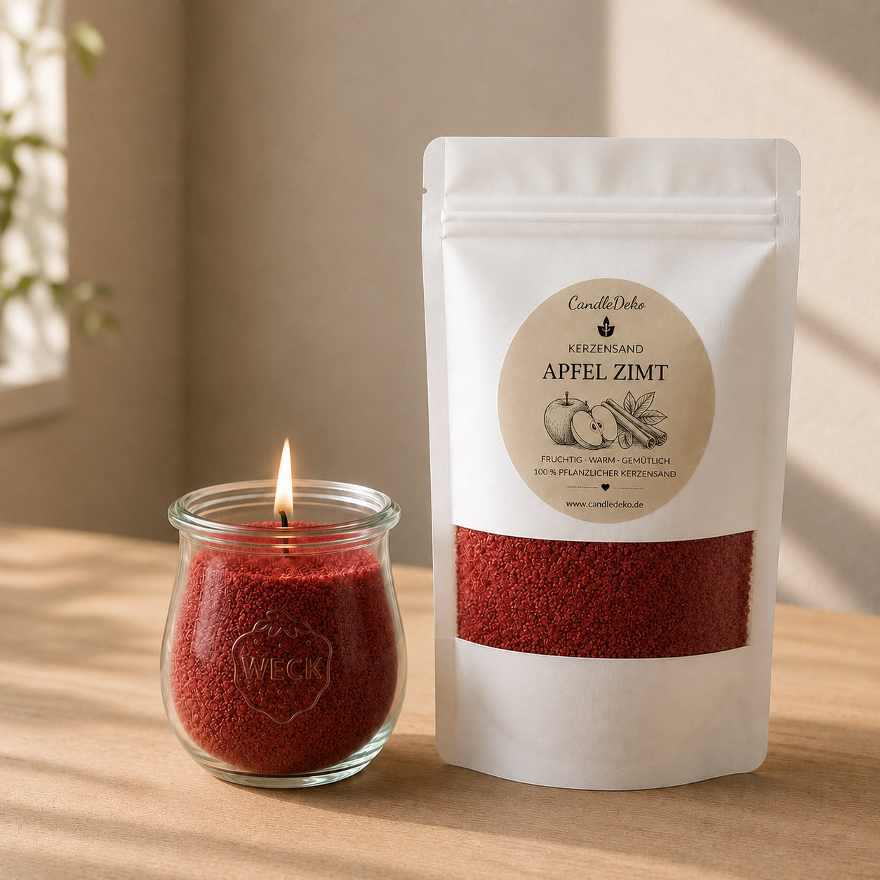 Ein weißer CandleDeko Nachfüllbeutel mit dunkelrotem Kerzensand Apfel Zimt neben einer brennenden Kerze im bauchigen WECK-Glas auf einem hellen Holztisch.