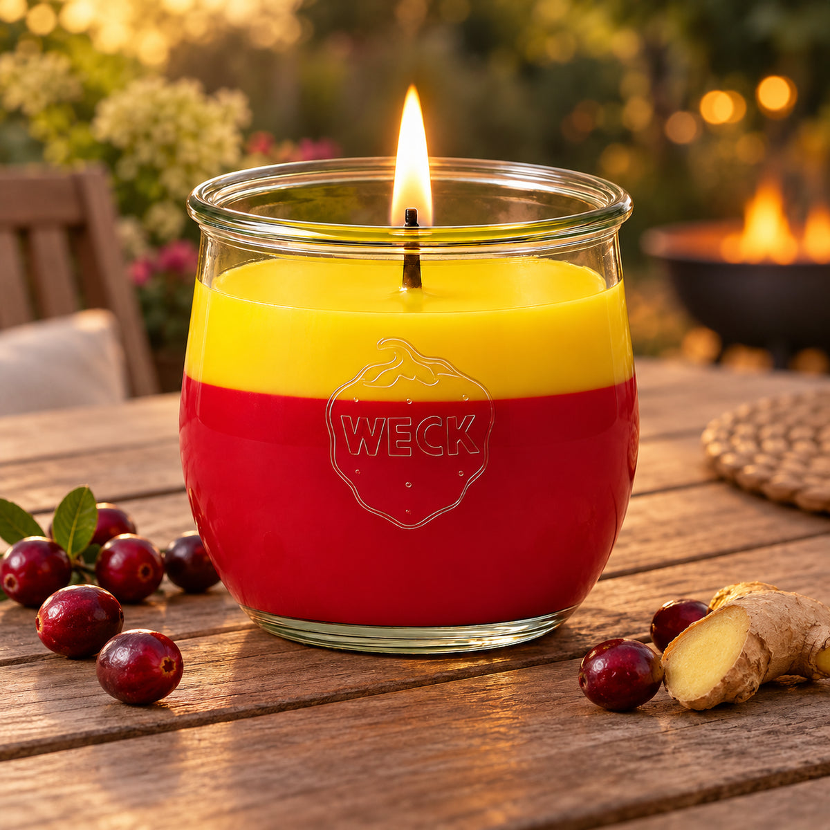 Feuerbeere Duftkerze aus Kokoswachs im WECK-Tulpenglas auf Gartentisch mit Cranberry und Ingwer,