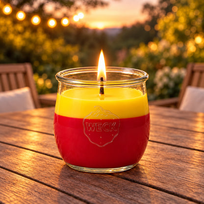 Feuerbeere Duftkerze aus Kokoswachs im WECK-Tulpenglas auf Gartentisch.