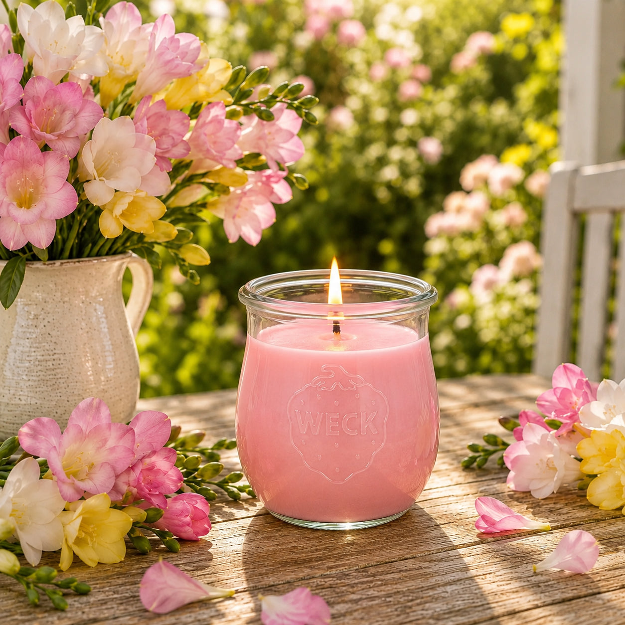 Brennende rosa CandleDeko Freesienzauber grosse Duftkerze im WECK-Tulpenglas neben einer Vase mit frischen Freesien.