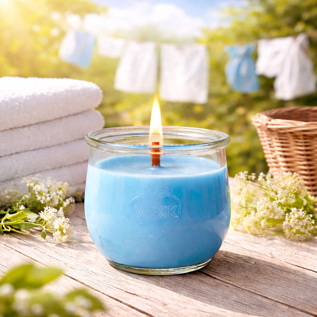 Brennende blue CandleDeko Frische Wäsche grosse Duftkerze aus pflanzlichem Kokoswachs im WECK-Tulpenglas neben weichen, weißen Handtüchern.