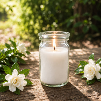 Gardenie kleine Duftkerze aus Kokoswachs im WECK-Glas von CandleDeko, neben frischen weißen Gardenienblüten im Garten.