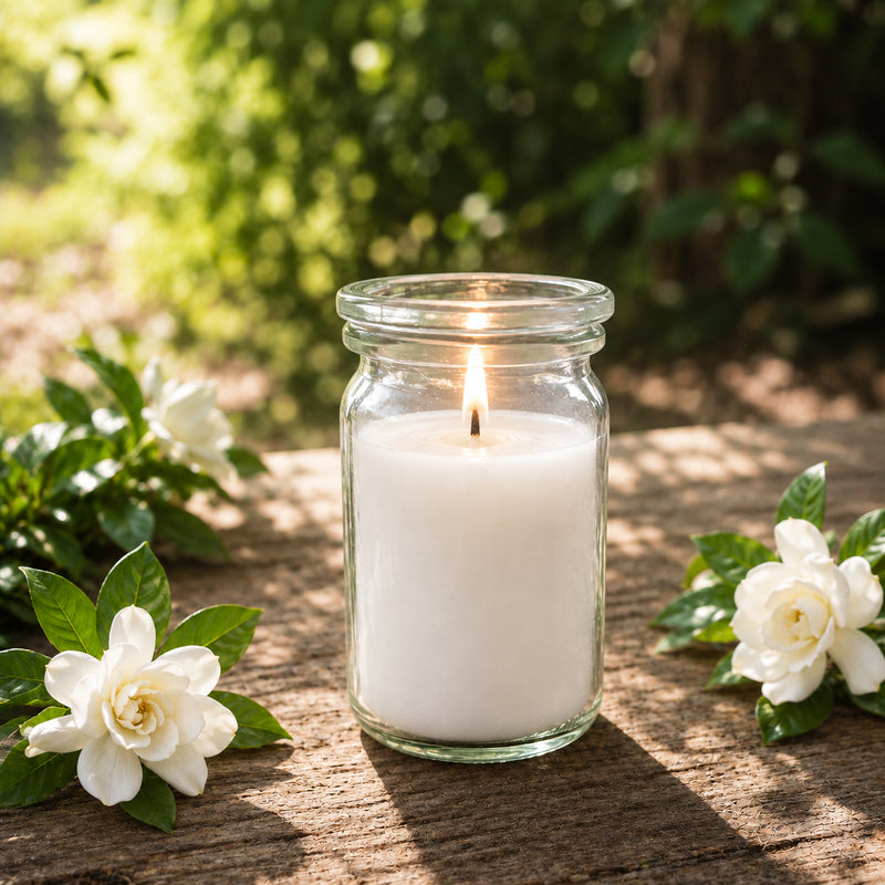 Gardenie kleine Duftkerze aus Kokoswachs im WECK-Glas von CandleDeko, neben frischen weißen Gardenienblüten im Garten.