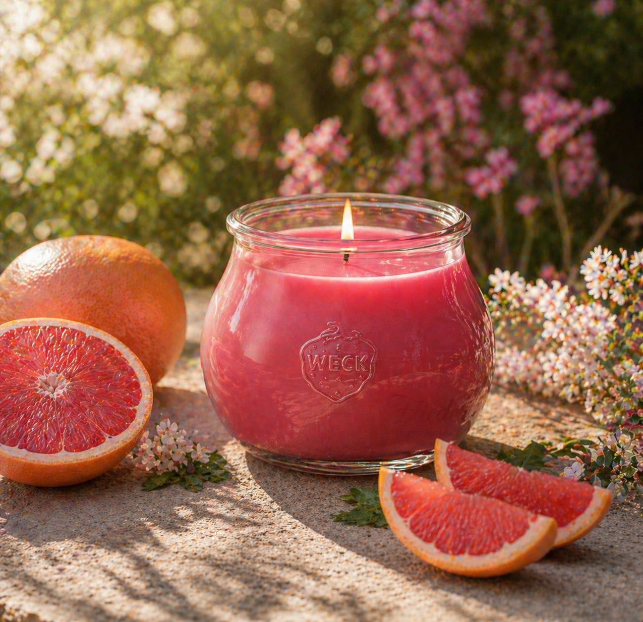Brennende rosa CandleDeko Grapefruit Grande Duftkerze aus pflanzlichem Sojawachs im WECK-Glas auf Sand neben frischen Grapefruitspalten.