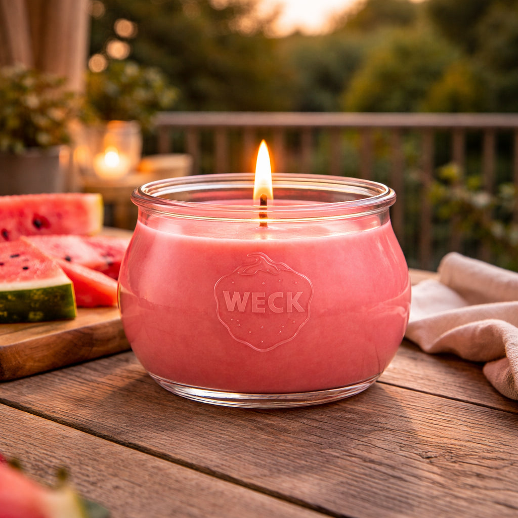 Große brennende CandleDeko Grande Duftkerze aus pflanzlichem Sojawachs mit edlem Holzkreuzdocht im WECK-Glas – Sorte Wassermelonensorbet.