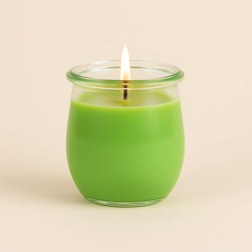 Brennende Duftkerze „Grüner Apfel“ im WECK-Tulpenglas, apfelgrünes Wachs vor warm-beigem Hintergrund, 