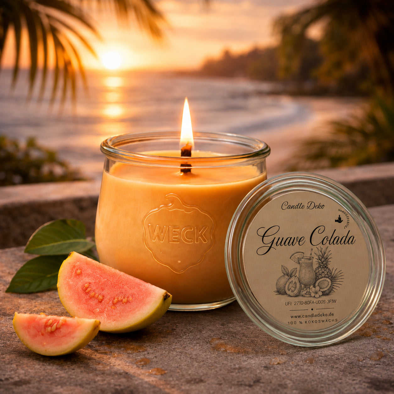 Guave Colada große Duftkerze aus Kokoswachs im originalen WECK-Glas von CandleDeko, brennend am Strand neben frischen Guaven-Spalten.