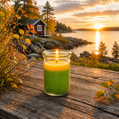 Herbststimmung kleine Duftkerze aus Kokoswachs im WECK-Tulpenglas von CandleDeko, zweifarbig grün-orange und brennend auf Holztisch am See.