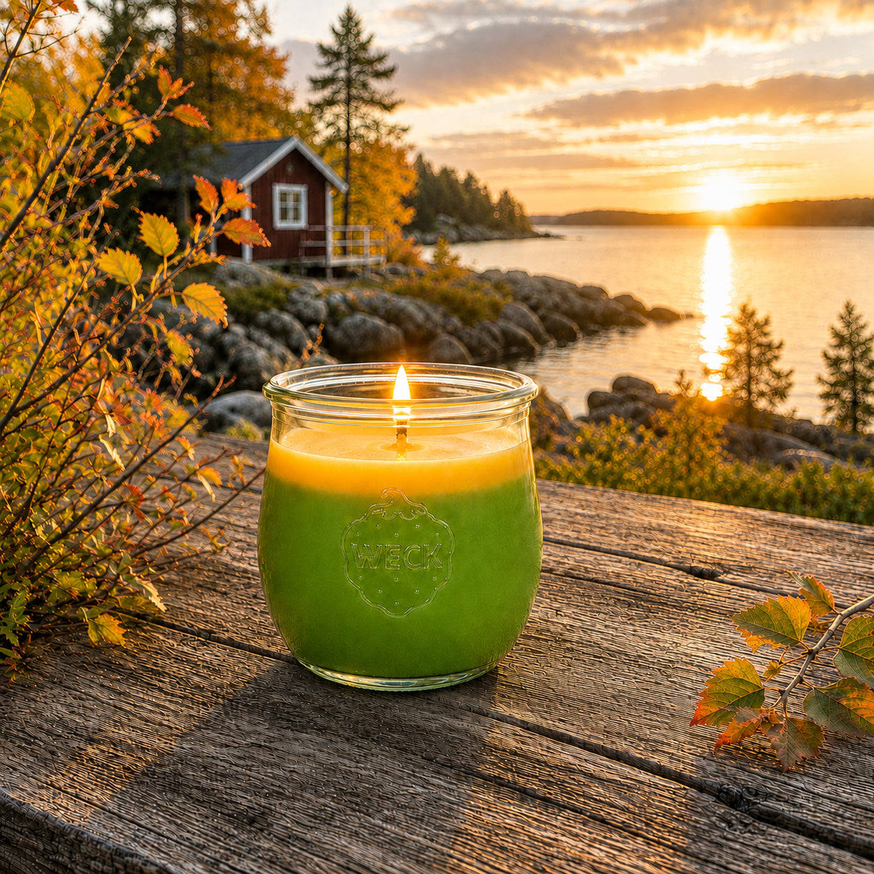 Herbststimmung große Duftkerze aus Kokoswachs im WECK-Tulpenglas von CandleDeko, zweifarbig grün-orange und brennend auf Holztisch am schwedischen See.