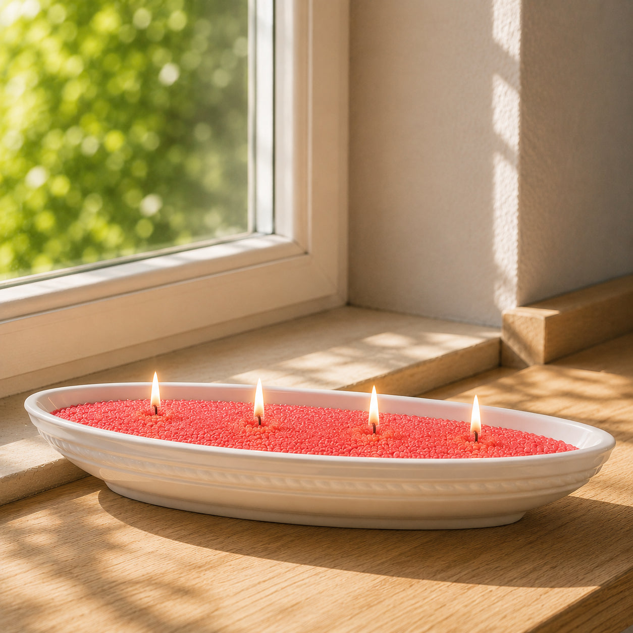 Roter CandleDeko Kerzensand Duft Erdbeer Rhabarber brennt mit vier Dochten in einer weißen, bootsförmigen Kerzenschale aus Keramik auf einer hölzernen Fensterbank im Sonnenlicht.