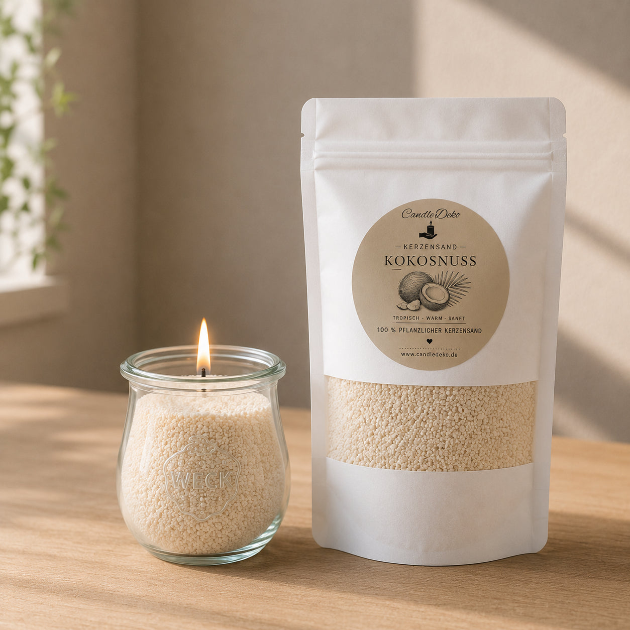 Ein weißer CandleDeko Nachfüllbeutel mit cremeweißem Kerzensand Kokosnuss neben einer brennenden Kerze im bauchigen WECK-Glas auf einem hellen Holztisch.