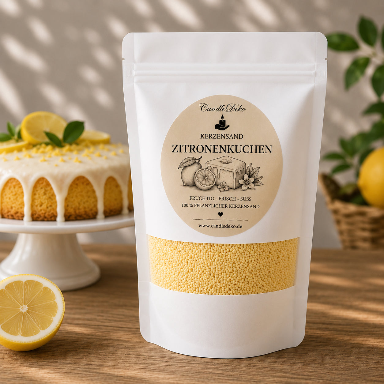 in weißer CandleDeko Standbodenbeutel mit gelbem Kerzensand der Sorte Zitronenkuchen auf einem Holztisch neben einem frischen Zitronenkuchen und einer aufgeschnittenen Zitrone.