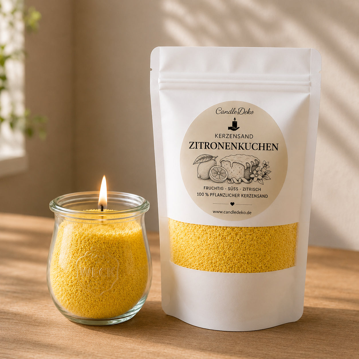 Ein weißer CandleDeko Nachfüllbeutel mit gelbem Kerzensand Zitronenkuchen neben einer brennenden Kerze im bauchigen WECK-Glas auf einem hellen Holztisch.