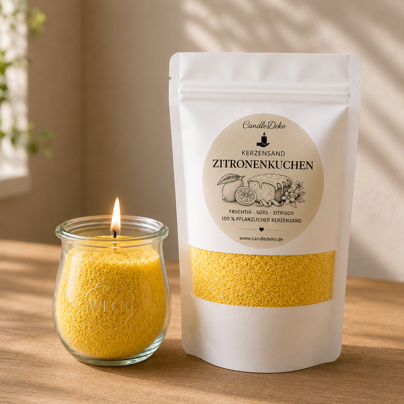 Ein weißer CandleDeko Nachfüllbeutel mit gelbem Kerzensand Zitronenkuchen neben einer brennenden Kerze im bauchigen WECK-Glas auf einem hellen Holztisch.