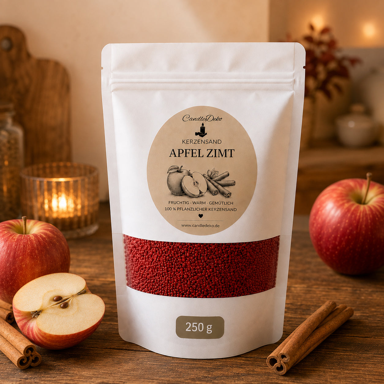Ein weißer CandleDeko Standbodenbeutel mit 250g dunkelrotem Kerzensand Apfel Zimt auf einem Holztisch neben frischen Äpfeln im Korb und Zimtstangen.