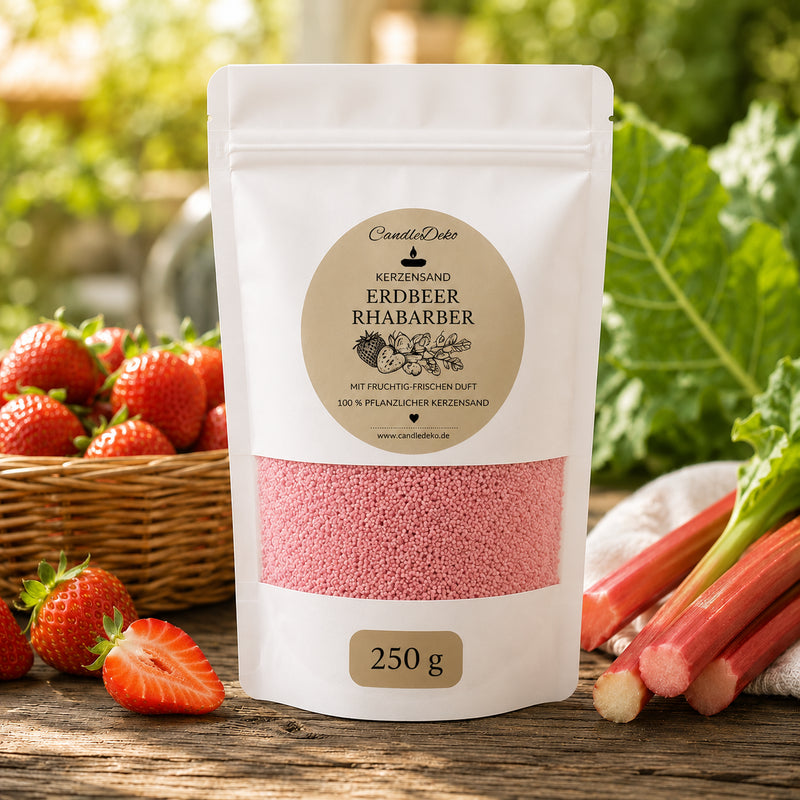 Ein weißer CandleDeko Standbodenbeutel mit 250 g rosafarbenem Kerzensand Erdbeer Rhabarber auf einem Holztisch neben frischen Erdbeeren im Korb und Rhabarberstangen.