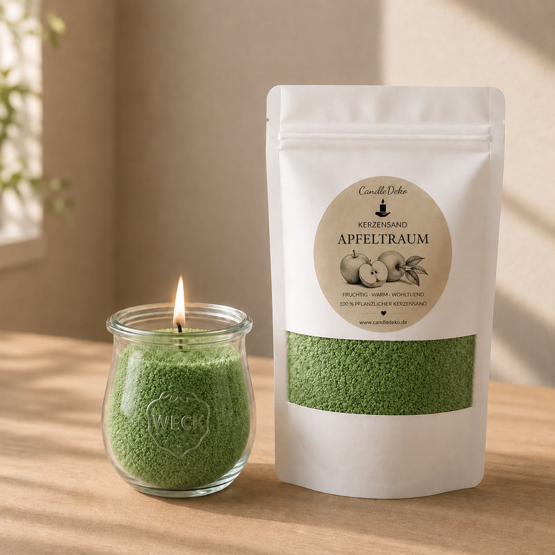 Ein weißer CandleDeko Nachfüllbeutel mit grünem Kerzensand Apfeltraum neben einer brennenden Kerze im bauchigen WECK-Glas auf einem hellen Holztisch.