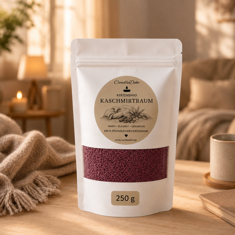 Ein weißer CandleDeko Standbodenbeutel mit 250 g beerenrotem Kerzensand der Sorte Kaschmirtraum auf einem Holztisch neben einer kuscheligen Wolldecke.