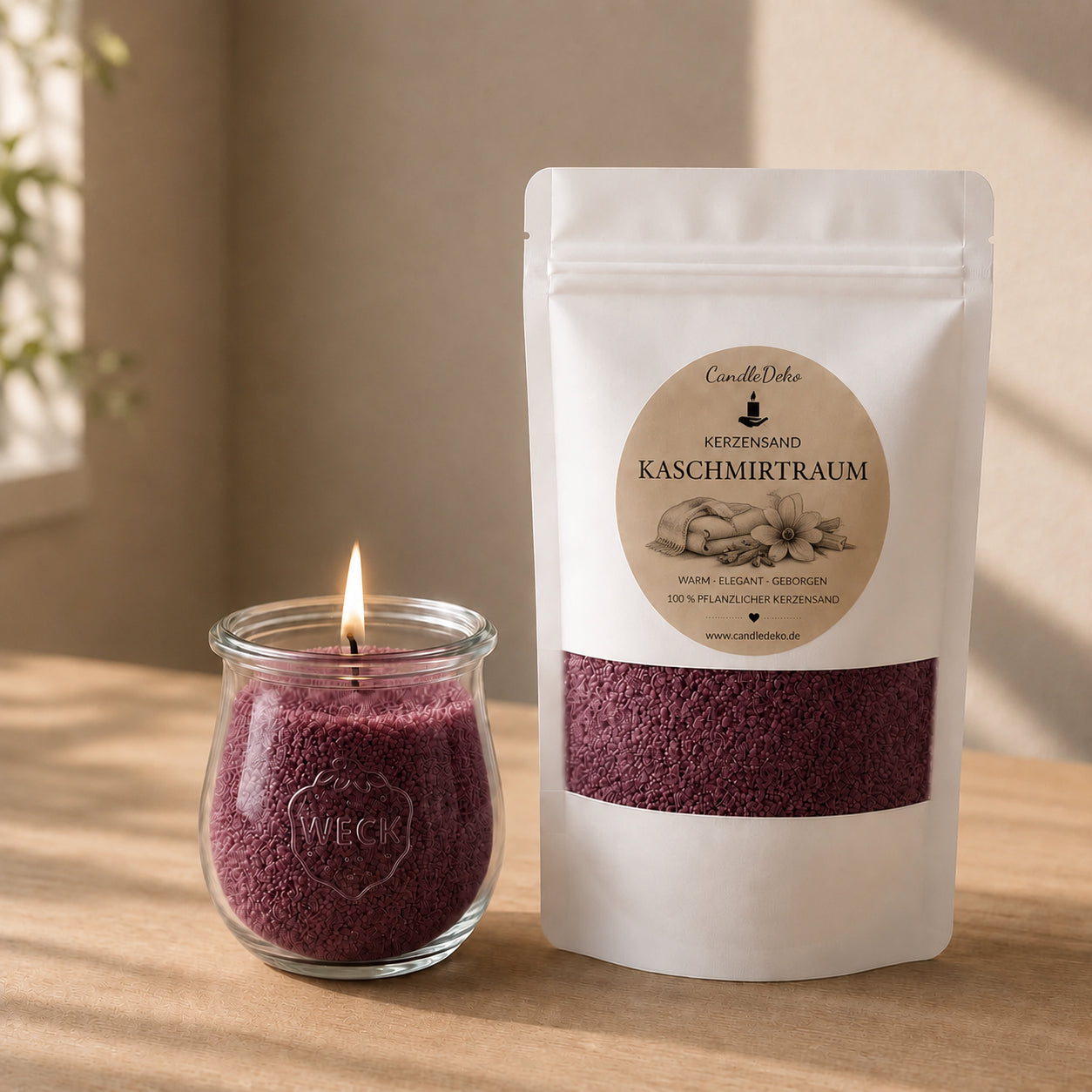 Ein weißer CandleDeko Nachfüllbeutel mit beerenrotem Kerzensand Kaschmirtraum neben einer brennenden Kerze im bauchigen WECK-Glas auf einem hellen Holztisch.