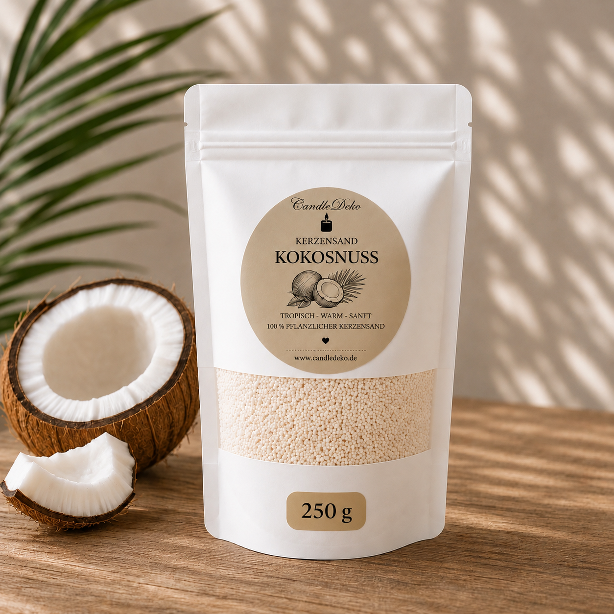 Ein weißer CandleDeko Standbodenbeutel mit 250 g cremeweißem Kerzensand Kokosnuss auf einem rustikalen Holztisch neben einer geöffneten Kokosnuss im Sonnenlicht.