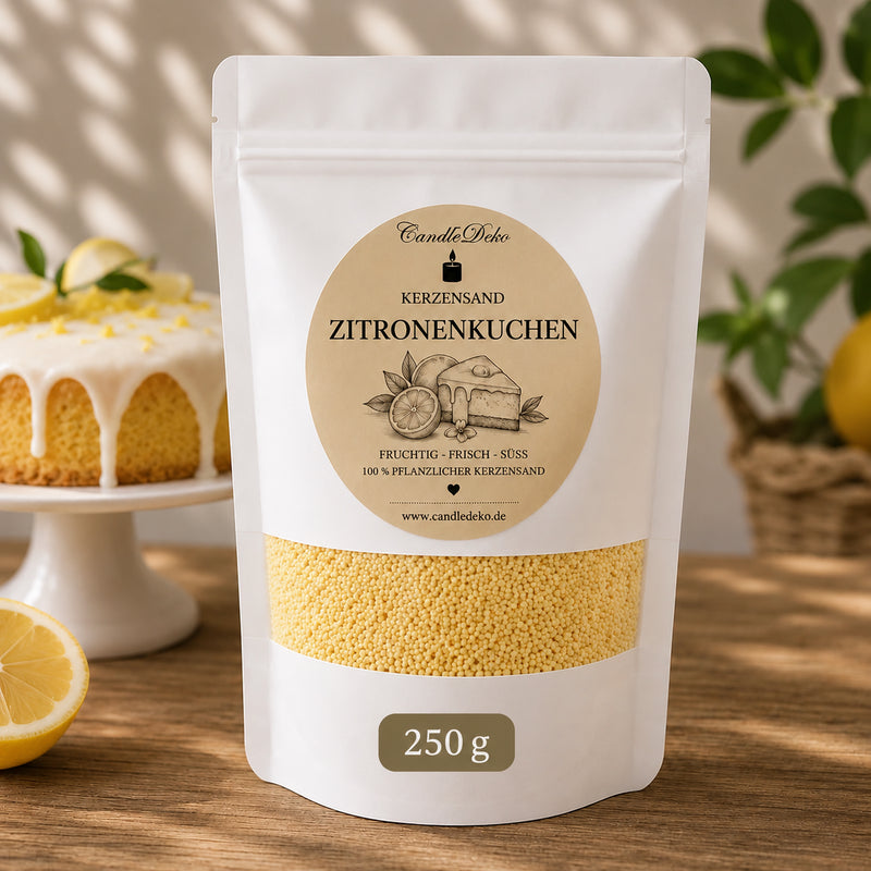 Ein weißer CandleDeko Standbodenbeutel mit 250 g gelbem Kerzensand Zitronenkuchen auf einem Holztisch neben einem frischen Zitronenkuchen und einer aufgeschnittenen Zitrone.
