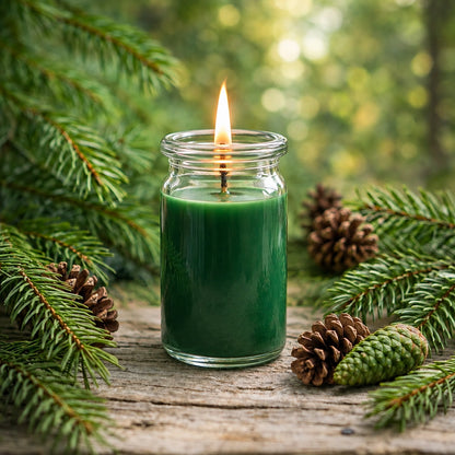 Kiefernwald kleine Duftkerze aus Kokoswachs im WECK-Tulpenglas von CandleDeko, neben Kiefernzapfen im Wald.