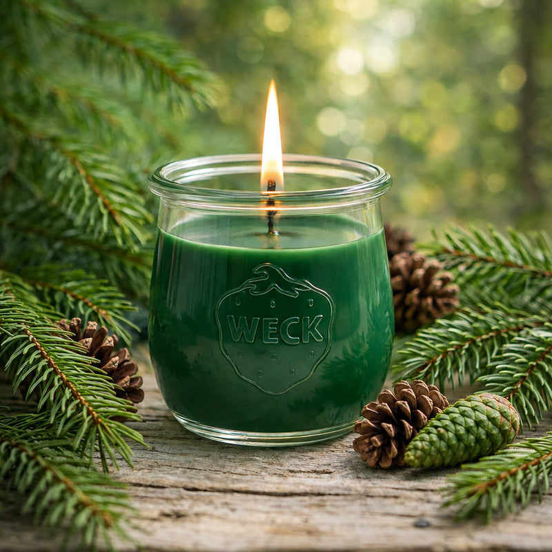Kiefernwald große Duftkerze aus Kokoswachs im WECK-Tulpenglas von CandleDeko, neben Kiefernzapfen im Wald.