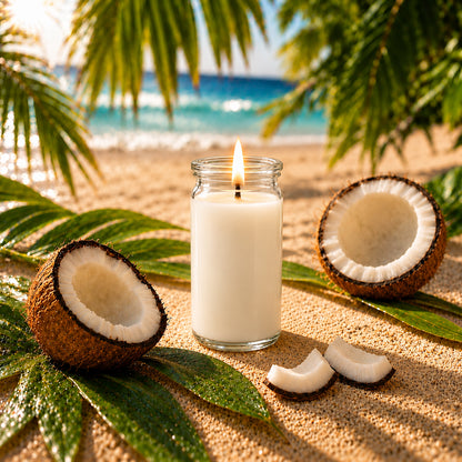 Kokosnuss kleine Duftkerze aus Kokoswachs im WECK-Glas von CandleDeko, neben Kokosnusshälften am Strand.