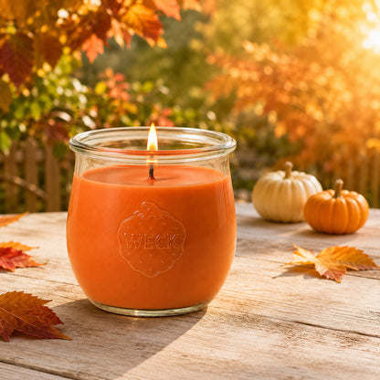 Kürbis und Honig große Duftkerze aus Kokoswachs im WECK-Tulpenglas von CandleDeko, orange und brennend auf Holztisch neben kleinen Kürbissen und Herbstblättern.