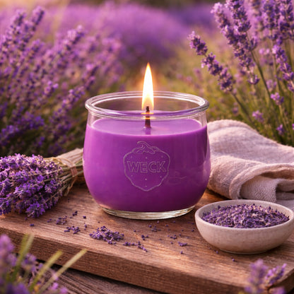 Große Lavendel Duftkerze aus Kokoswachs im WECK-Tulpenglas neben Lavendelblüten vor einem Feld.