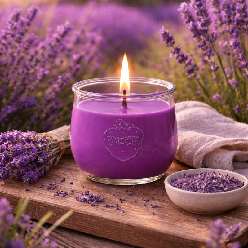 lila Duftkerze im WECK-Glas mit ruhiger Flamme, arrangiert auf Holztablett mit Lavendelblüten – natürliche Duftstimmung in der Provence