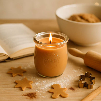 Lebkuchenzeit große Duftkerze aus Kokoswachs im WECK-Tulpenglas von CandleDeko, neben einem Lebkuchenmann.