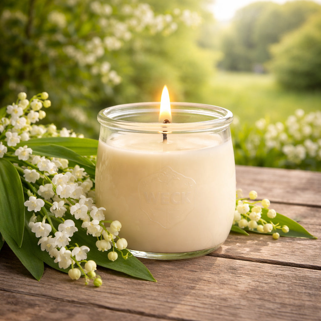 Brennende weiße CandleDeko Maiglöckchen grosse Duftkerze aus pflanzlichem Kokoswachs im WECK-Tulpenglas neben echten Maiglöckchen auf Holztisch.