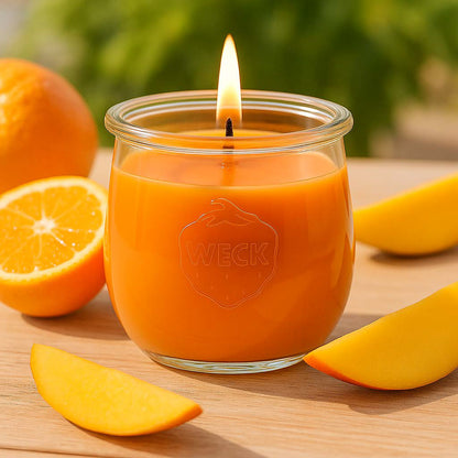 Große Mandarine-Mango Duftkerze aus Kokoswachs im WECK-Tulpenglas neben Mandarinen und Mangospalten.