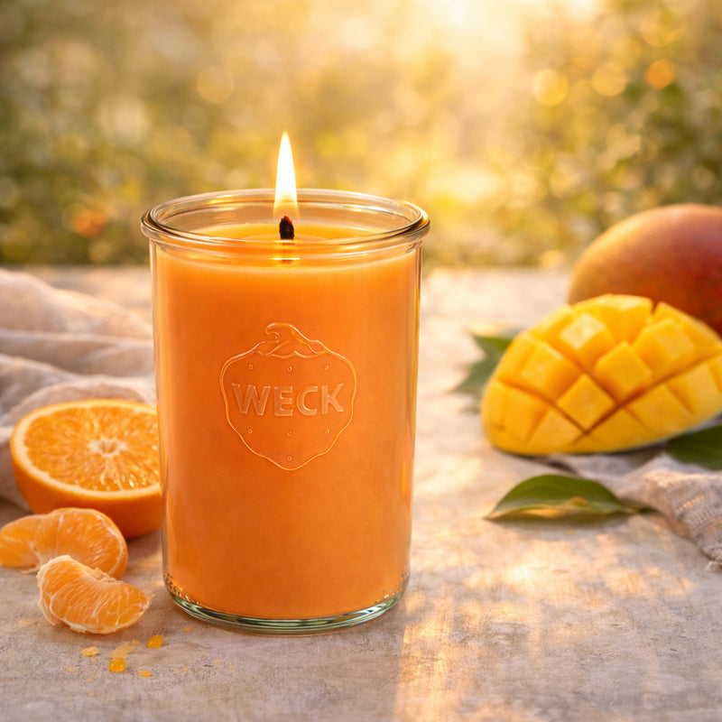 Brennende orange CandleDeko Mandarine Mango XXL Duftkerze im WECK-Sturzglas neben frischen Mandarinenspalten.