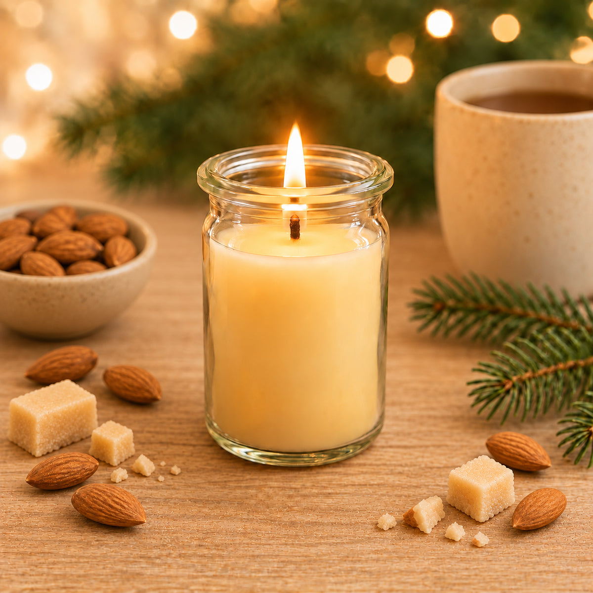 Marzipan-Mandel kleine Duftkerze aus Kokoswachs im originalen WECK-Glas von CandleDeko, mit Mandeln und weihnachtlicher Dekoration.